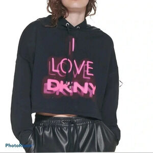 DKNY I Love DKNY black pink logo cropped  Hoodie Sz M